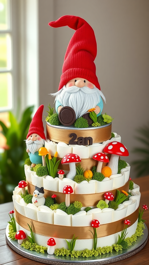A three-tiered diaper cake themed with gnomes and mushrooms, decorated with flowers and greenery.