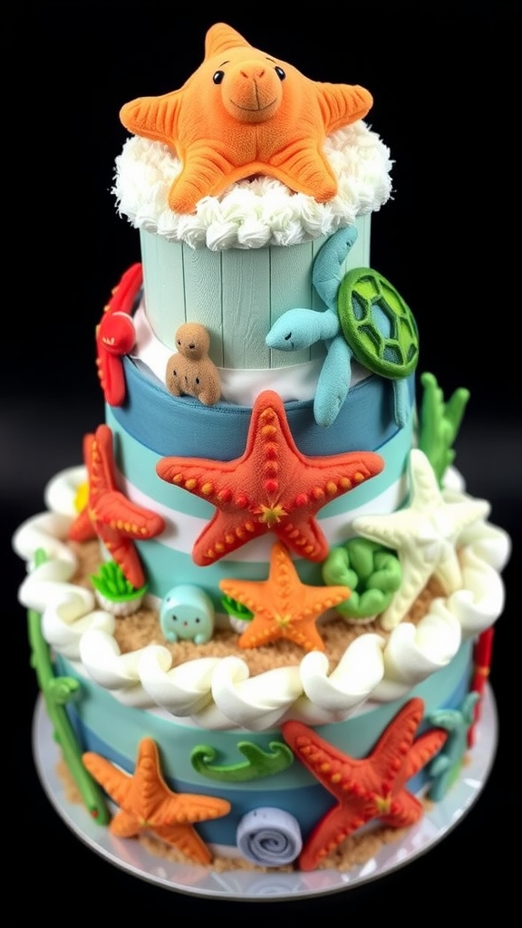 A colorful aqua marine life diaper cake decorated with plush sea creatures.