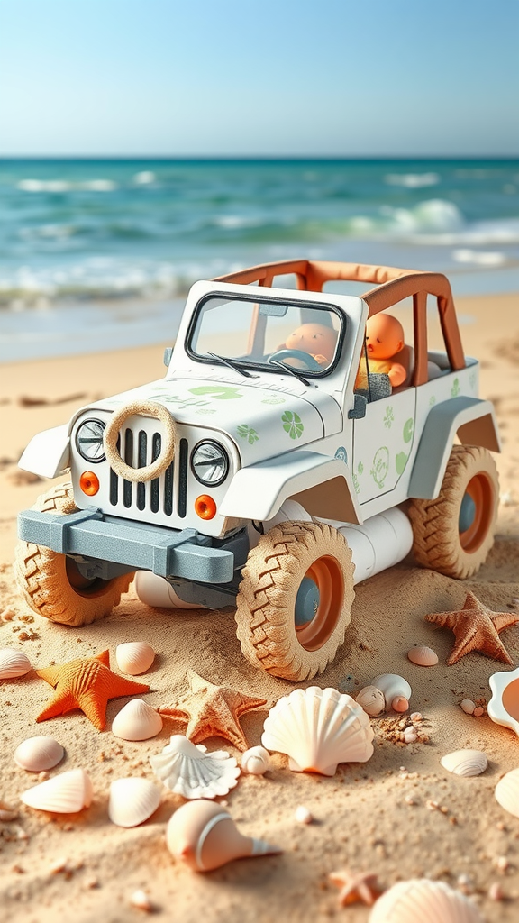 A diaper cake designed like a jeep with shells and starfish on the beach.