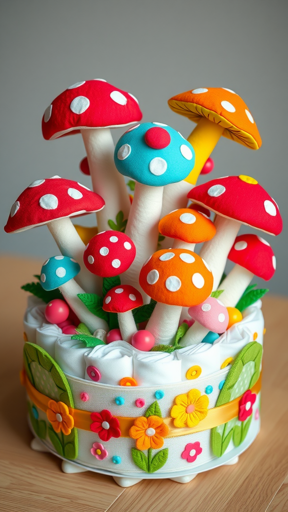 A colorful diaper cake shaped like a mushroom garden with felt flowers and leaves.
