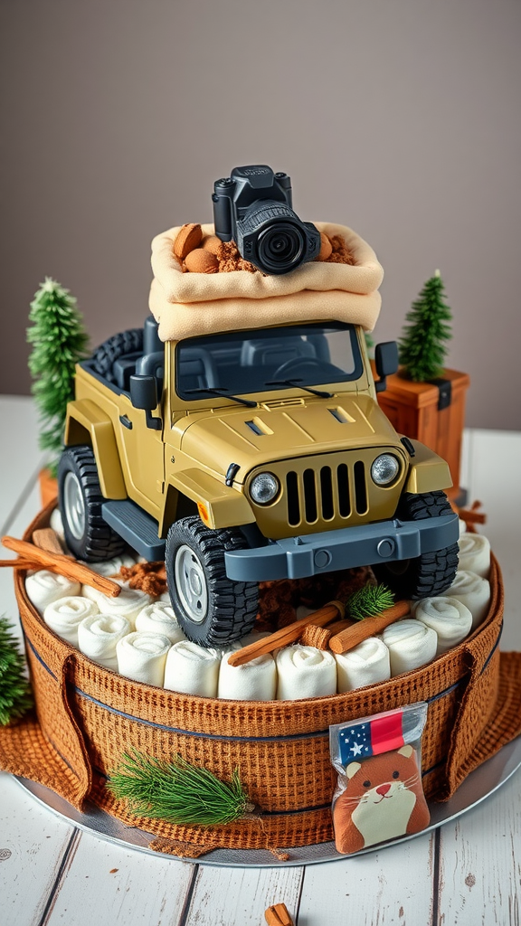 A Jeep-themed diaper cake decorated with a toy Jeep, camera, and green trees.