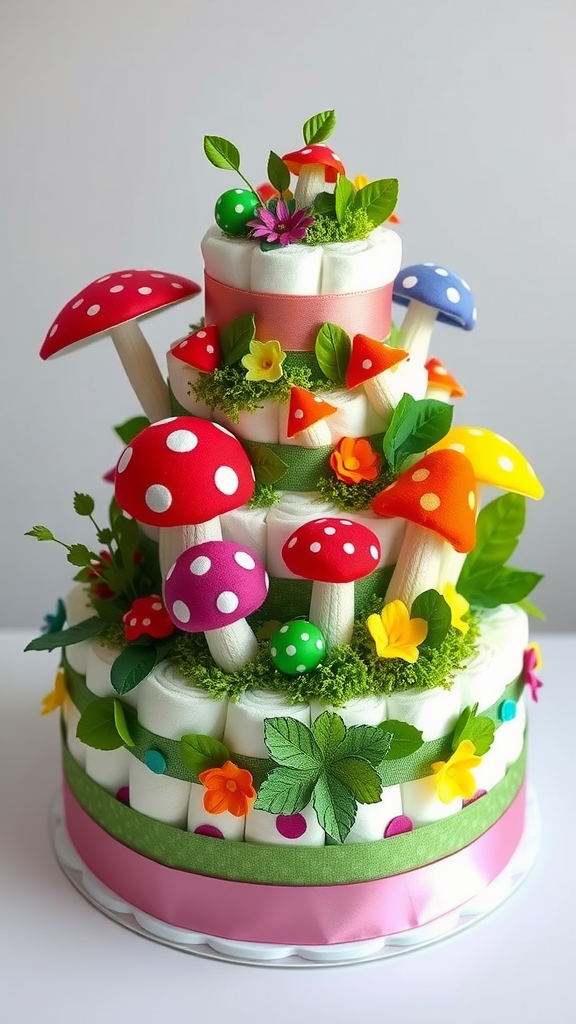 A colorful diaper cake designed to look like a mushroom garden, featuring vibrant mushrooms, flowers, and greenery.