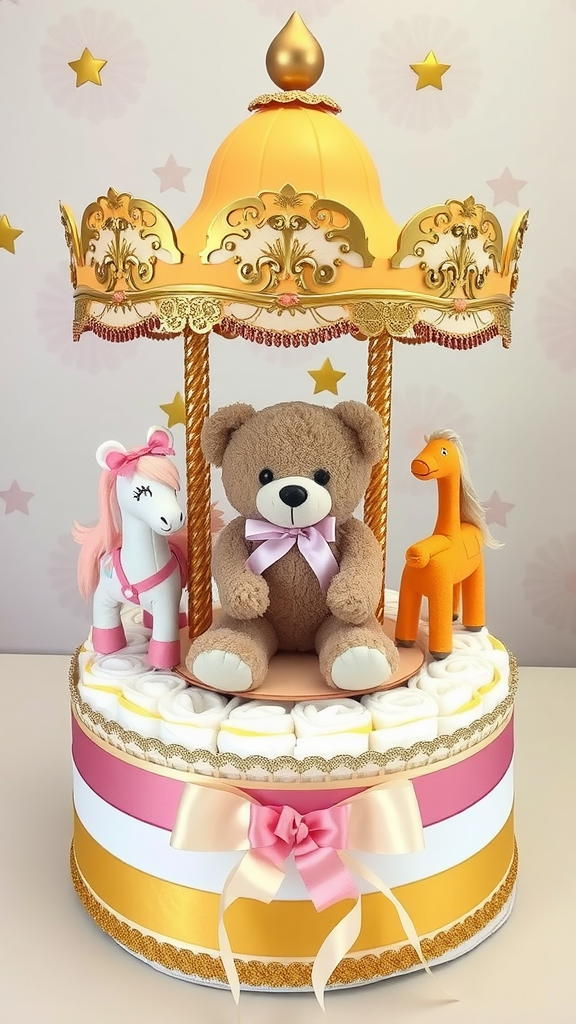 A charming teddy bear carousel centerpiece with a teddy bear and other plush animals.