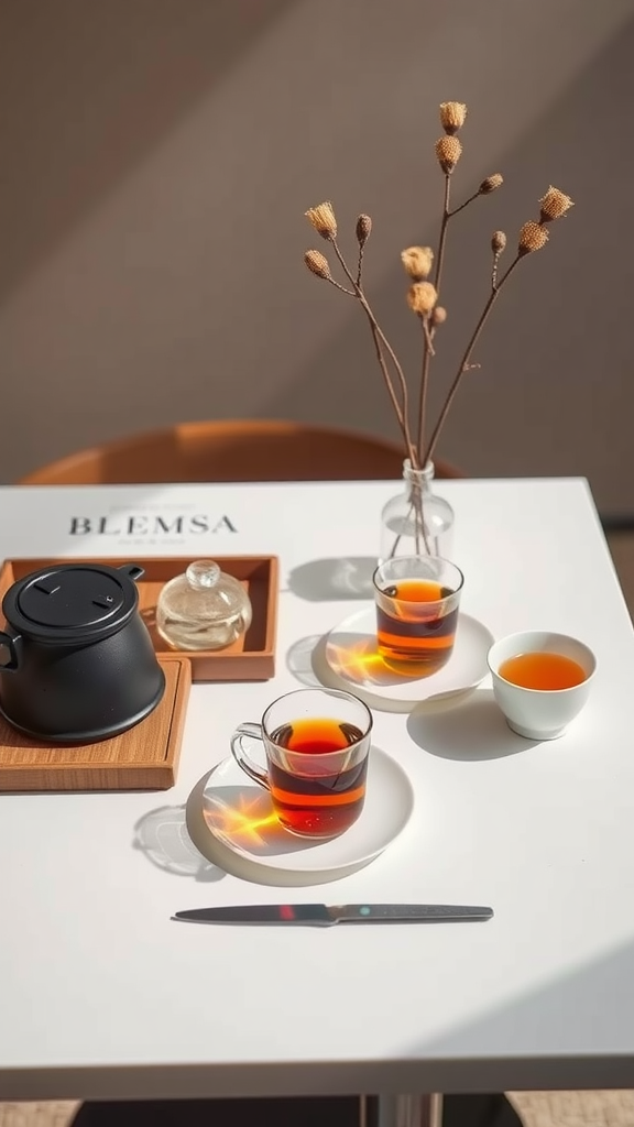 A chic minimalist tea setting with a black kettle, clear glass tea cups, and dried flowers on a white table.