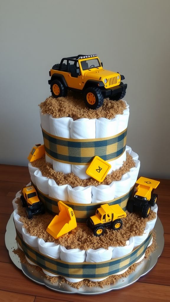 A three-tier diaper cake decorated with toy construction vehicles and a jeep, featuring a sandy base.