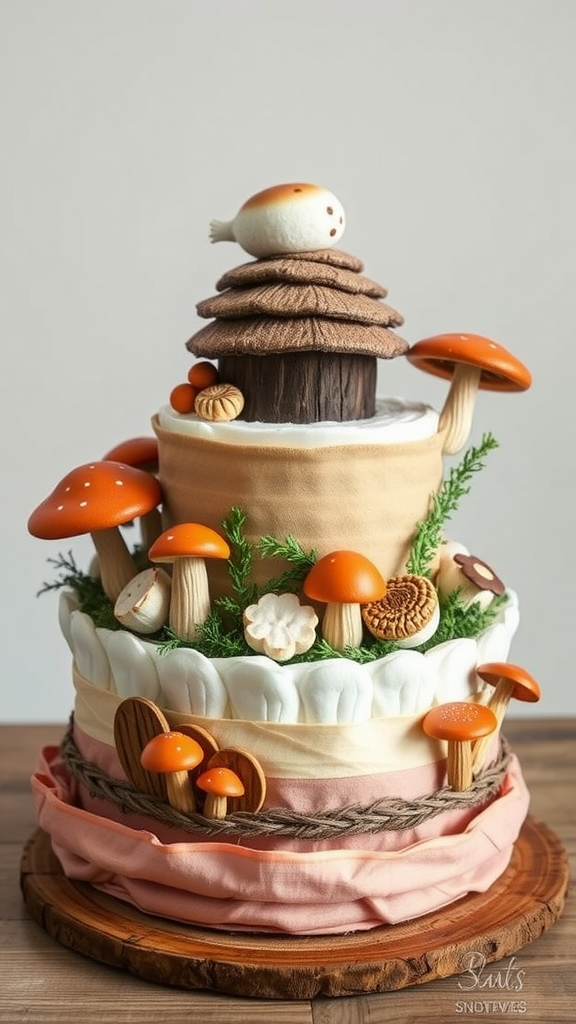A three-tiered diaper cake decorated with mushroom motifs, featuring a wooden hut and a small bird on top.