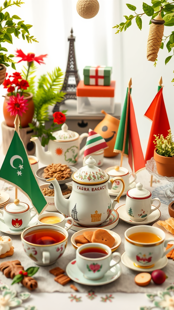 A beautifully arranged tea party setup with a teapot, colorful cups, and festive decorations, perfect for Mother's Day. Mother's Day Tea Party Themes
