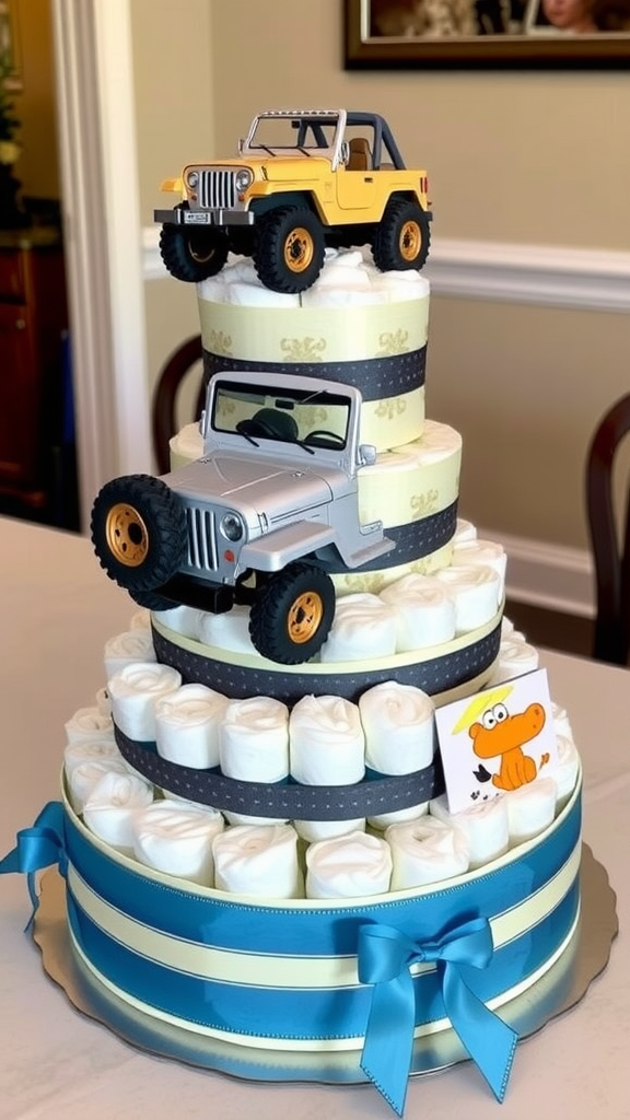 A three-tier diaper cake decorated with toy Jeeps and blue ribbons.