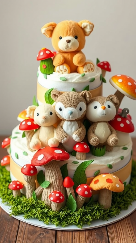 A beautifully arranged diaper cake featuring plush animal toys and colorful mushroom decorations.