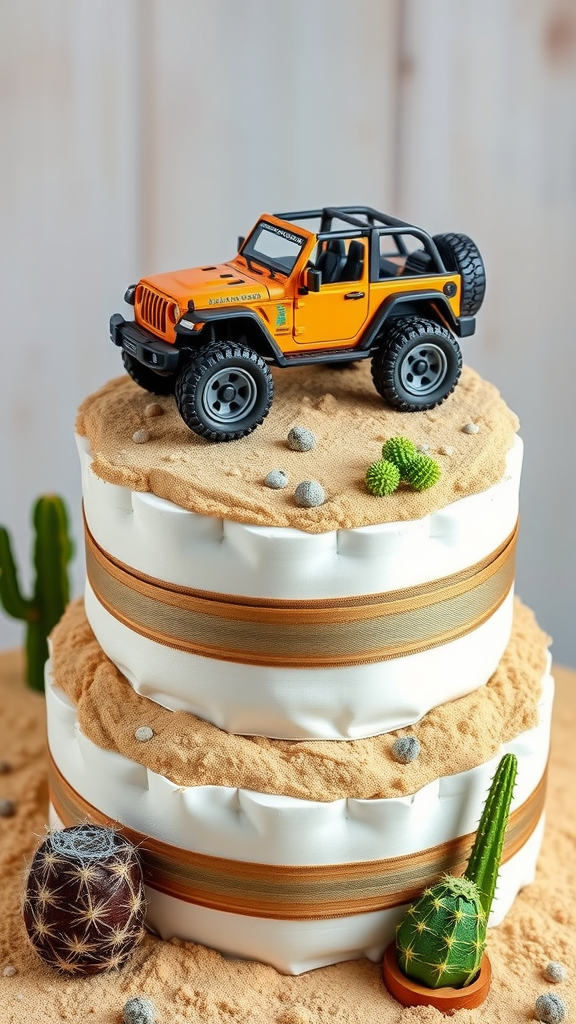A diaper cake styled like a desert oasis featuring a toy jeep on top, surrounded by sand and small cacti.