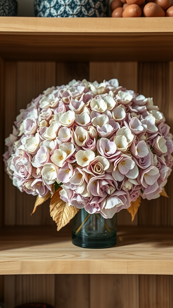 A dried hydrangea arrangement in a glass vase with soft pink and white petals on a wooden shelf.