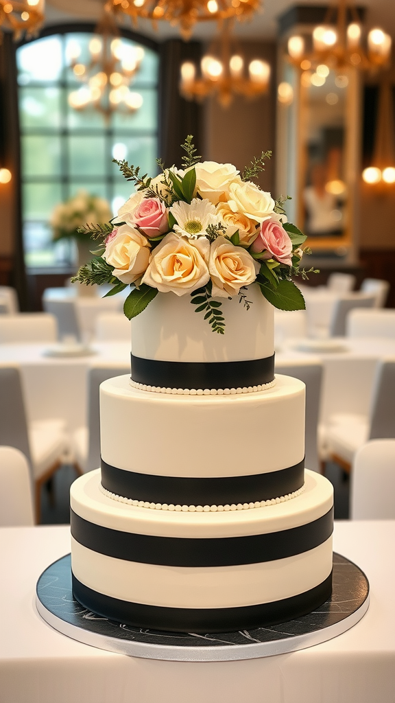 A three-tier cake with black and white stripes, topped with roses and greenery. Elegant Wedding Cakes
