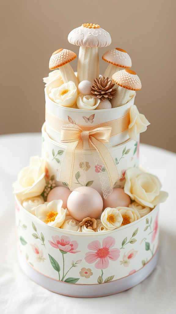 A decorative diaper cake featuring floral designs and faux mushrooms, ideal for a baby shower.