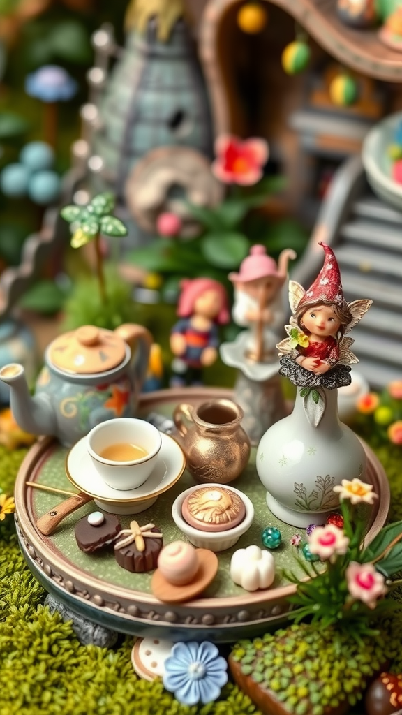 A beautifully arranged fairy garden tea party scene featuring a teapot, cup, and an assortment of tiny pastries and flowers.