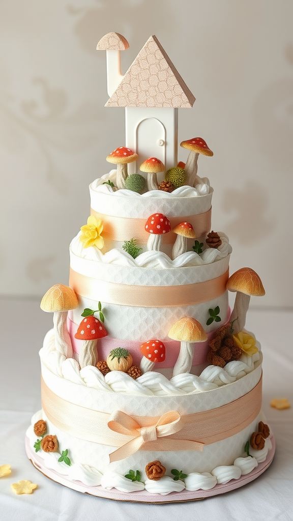 A whimsical diaper cake designed as a mushroom theme, featuring layers decorated with faux mushrooms, ribbons, and a small house on top.
