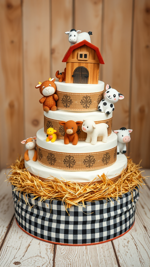 A multi-tiered diaper cake with farm animal decorations and a wooden barn.