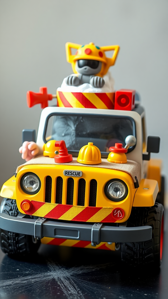 A toy jeep decorated with various playful elements, representing a first responder theme.