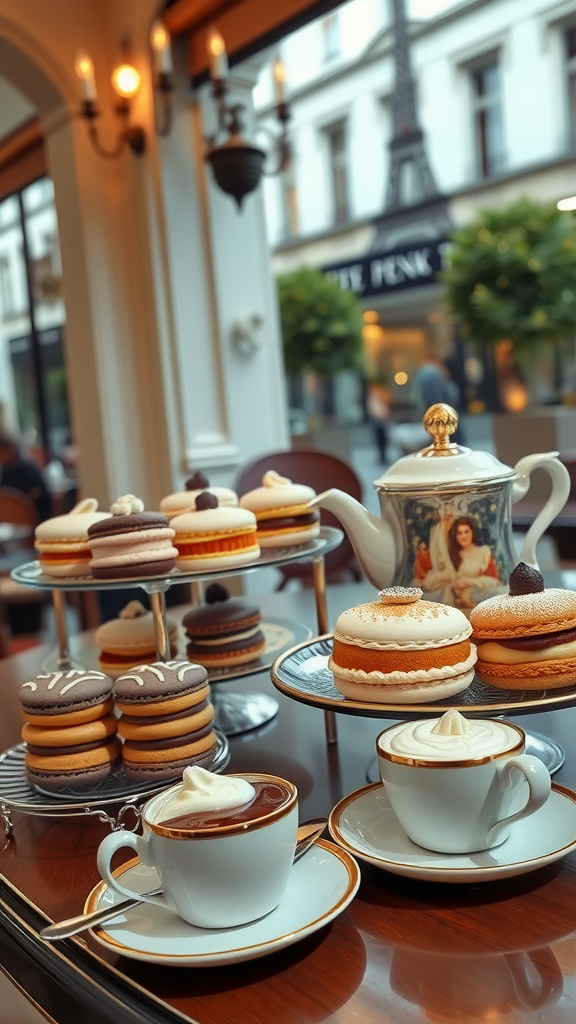 A beautifully arranged table featuring French pastries and tea, perfect for an afternoon gathering.