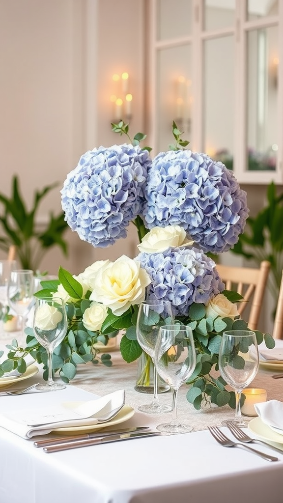 Beautiful wedding table setting with blue and white hydrangea flowers and eucalyptus