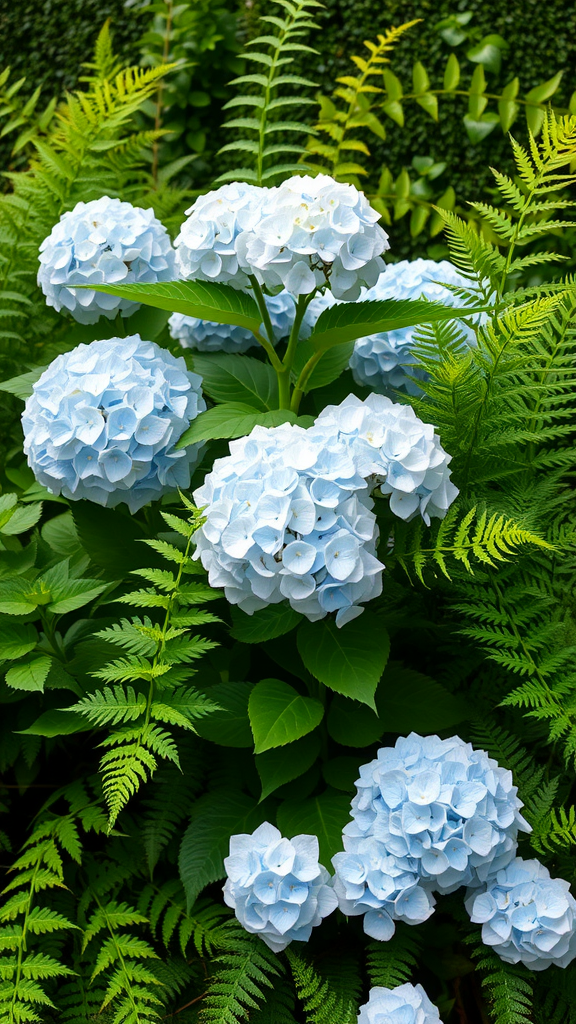A beautiful arrangement of blue hydrangea flowers surrounded by lush green ferns.