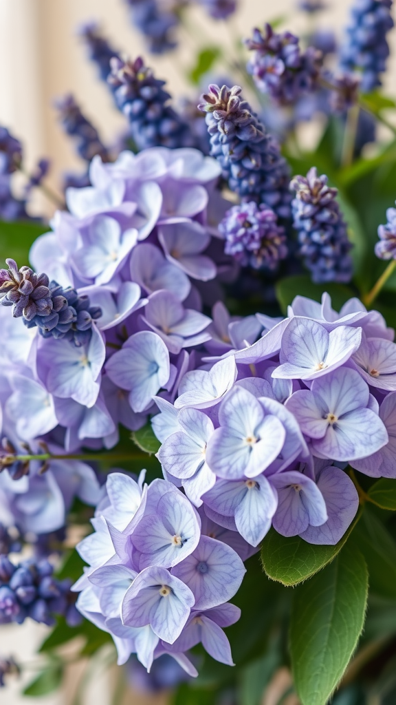 A serene bouquet featuring blue and white hydrangeas alongside lavender.