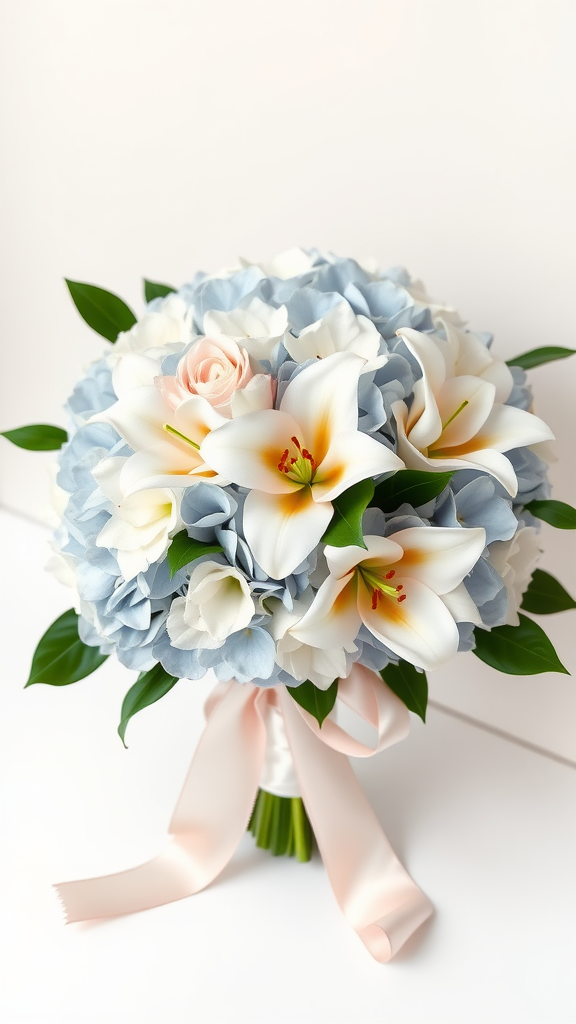Wedding bouquet featuring blue and white hydrangeas and white lilies