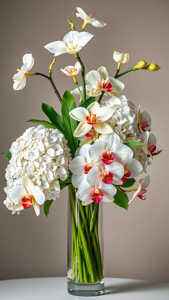 A beautiful arrangement of white hydrangeas and white orchids in a clear vase.