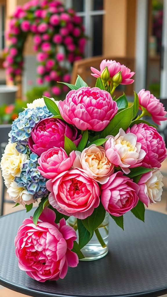 A vibrant floral arrangement featuring pink peonies and blue and white hydrangea.