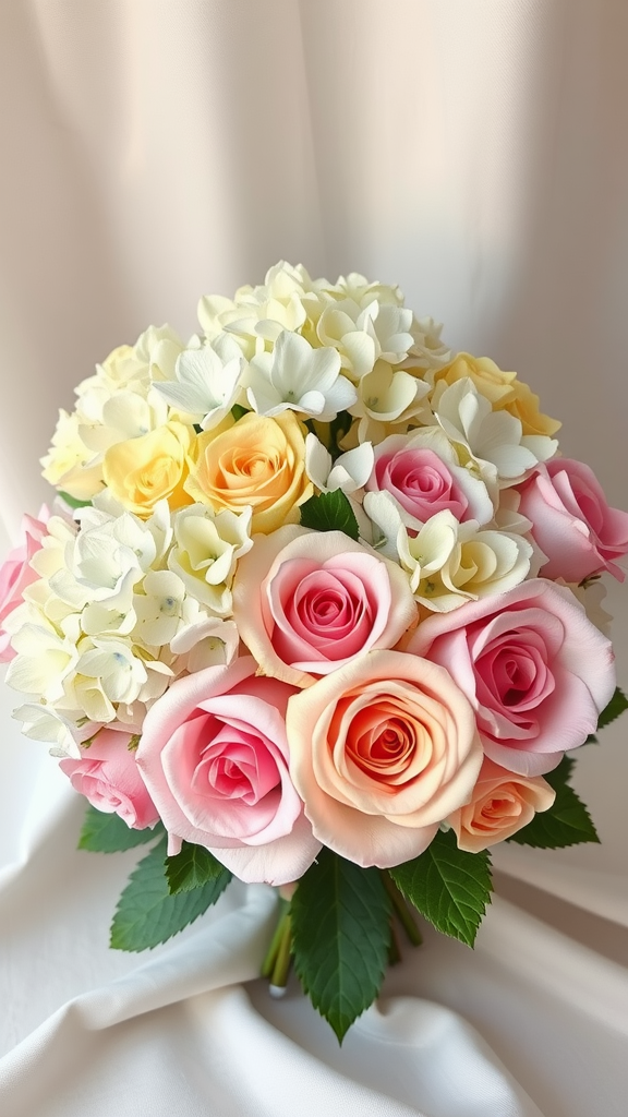 A bouquet featuring pink and yellow roses mixed with white and cream hydrangeas.