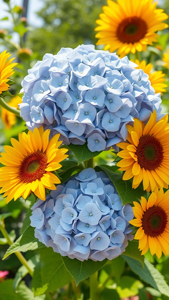 A vibrant arrangement of blue hydrangeas surrounded by bright yellow sunflowers, showcasing summer beauty.