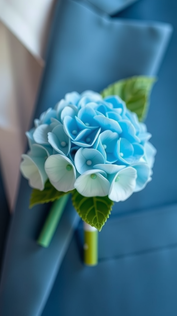 A blue hydrangea boutonniere placed on a blue fabric, featuring vibrant petals and green leaves.