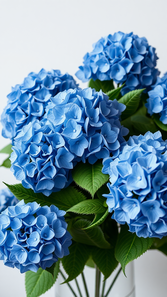 A close-up of vibrant blue hydrangea flowers with green leaves.