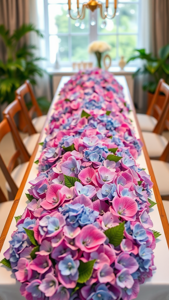 A table decorated with a vibrant hydrangea table runner featuring pink and blue flowers.