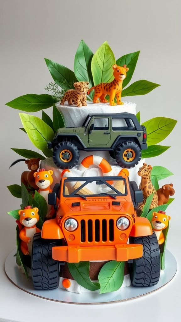 A colorful diaper cake designed like a jeep, surrounded by jungle-themed animal figures and greenery.