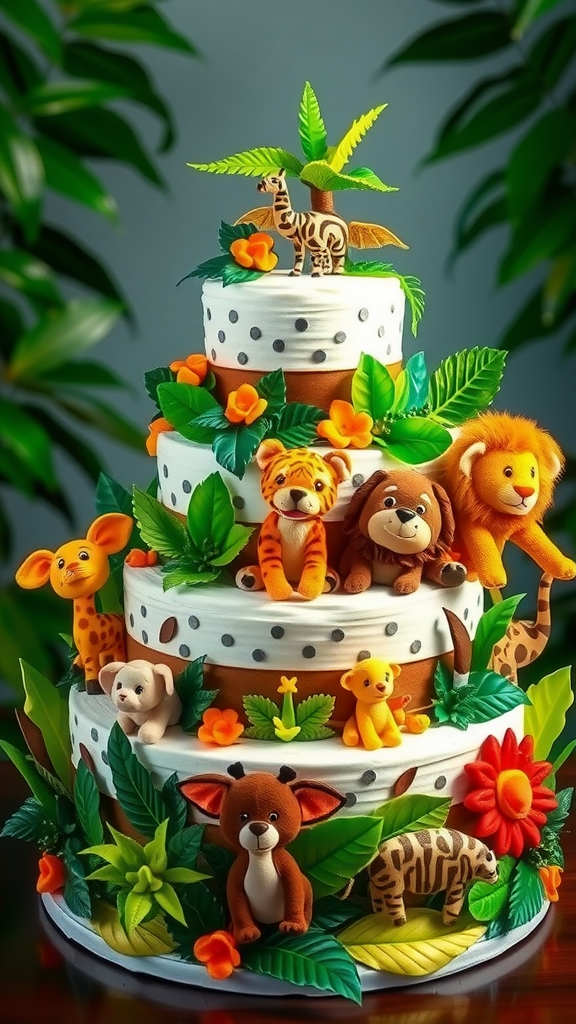 A colorful jungle-themed diaper cake with animal figures and greenery.