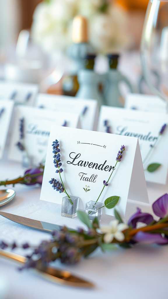 Elegant place cards featuring lavender and herbs for a wedding reception.
