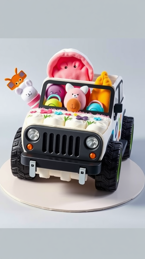 A mini jeep diaper cake decorated with colorful baby items and plush toys.