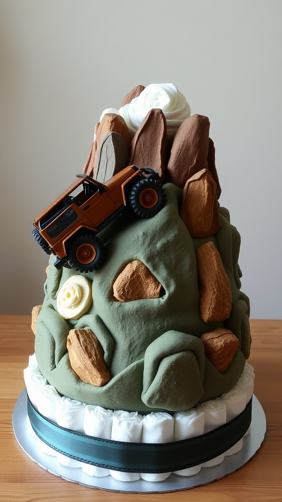 A diaper cake designed like a mountain with a toy Jeep on top