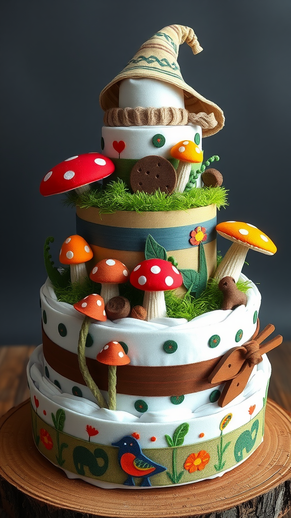A whimsical mushroom-themed diaper cake, featuring colorful felt mushrooms, soft diapers, and cute woodland decorations.