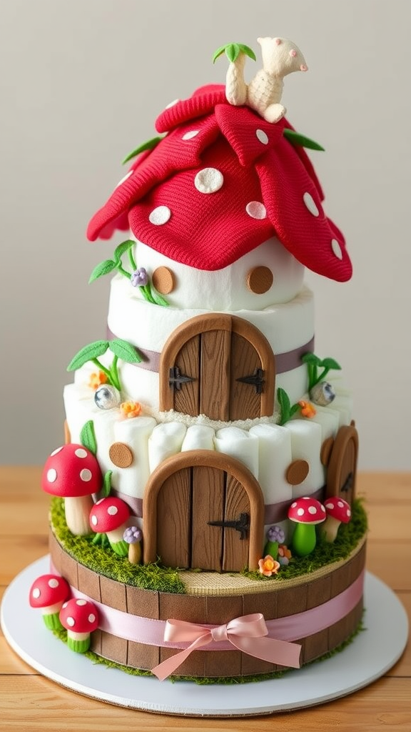 Mushroom fairy house diaper cake with red roof and tiny mushroom decorations