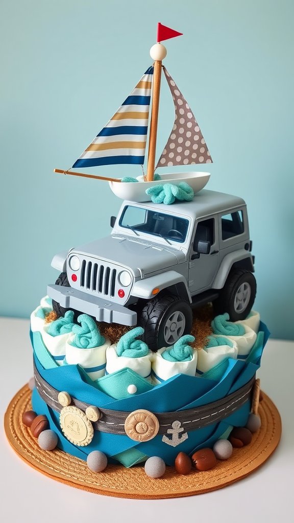 A diaper cake designed like a jeep with a boat sail, decorated with diapers and colorful accents.