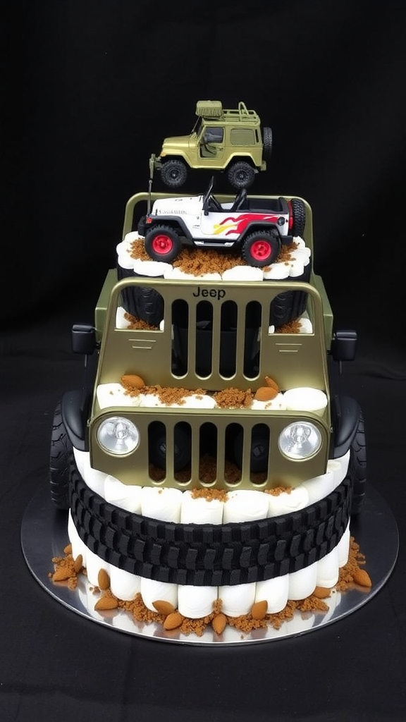 A diaper cake designed like a jeep with toy cars on top.