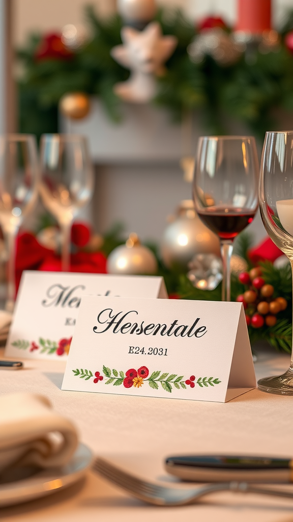A beautifully set dining table with personalized place cards for Christmas dinner.