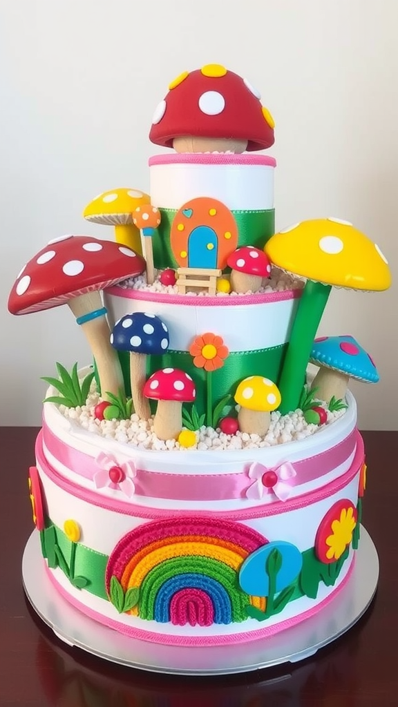 Colorful mushroom-themed diaper cake with a rainbow design