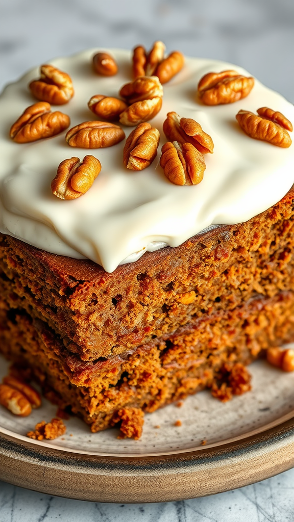 A delicious carrot cake layered with cream cheese icing and topped with pecans, presented on a wooden plate.