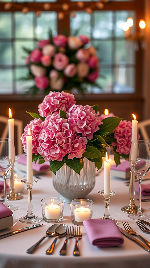 A beautifully arranged table with a pink hydrangea centerpiece, candles, and elegant table settings.