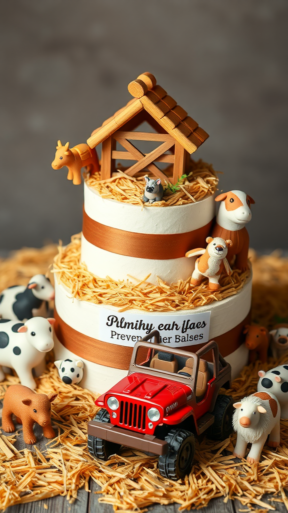A diaper cake designed as a rustic farm with a toy jeep and farm animal figurines.