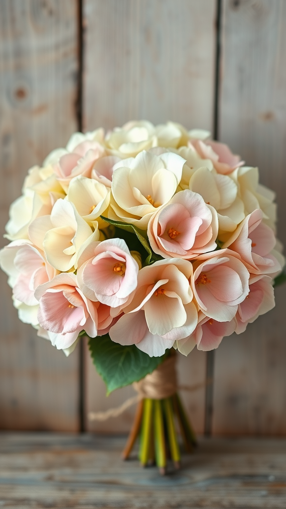 A beautiful rustic bridal bouquet featuring soft blue and white hydrangeas.