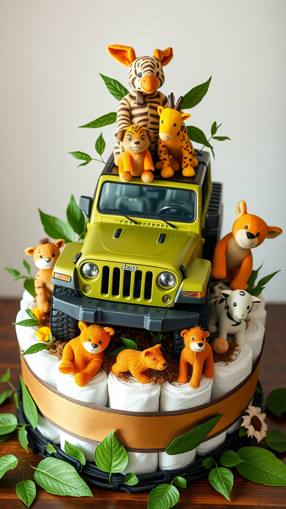 A colorful diaper cake designed as a jeep, topped with stuffed animals and adorned with greenery.