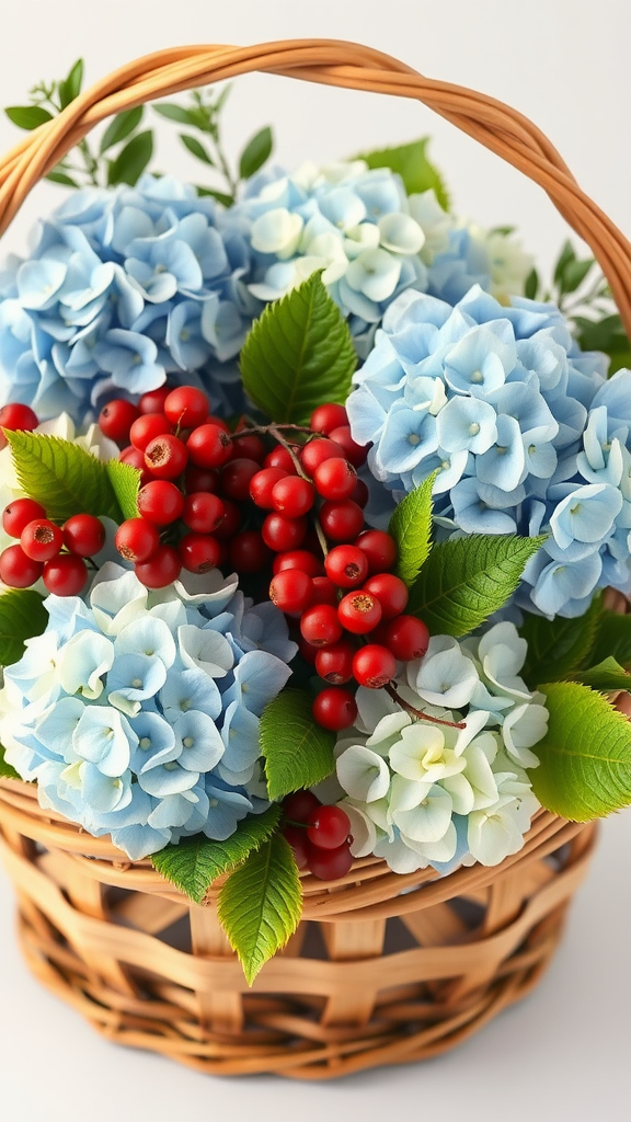 A basket filled with blue and white hydrangeas and red berries.